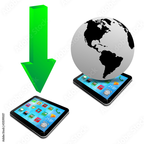 Illustration: green arrows, tablet and model of planet earth 20.04.13 green arrows, tablet and model of planet earth 20.04.13