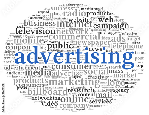 Illustration: Advertising concept in word tag cloud Advertising concept in word tag cloud