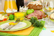 Serving Easter table with tasty dishes close-up