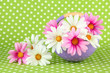 Pot with flowers on a green fabric background
