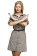 Serious businesswoman making stop sign