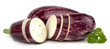 Cut purple eggplants isolated on white background