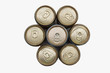 top view a isolated aluminum beer cans and clover