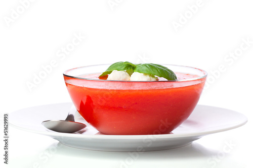 Photo: Delicious cold gazpacho soup with mozzarella and garlic croutons Delicious cold gazpacho soup with mozzarella and garlic croutons