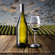 Bottle and glass of white wine on wood table