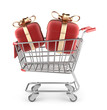 Illustration: Market cart with red gifts. 3D Isolated on white background Market cart with red gifts. 3D Isolated on white background