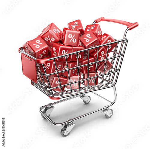 Illustration: Red market shopping cart. Discount concept. 3D Isolated Red market shopping cart. Discount concept. 3D Isolated