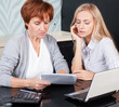 Two women discussing documents at home