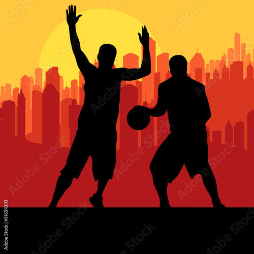 Vector: Basketball players in front of city sunset vector background Basketball players in front of city sunset vector background