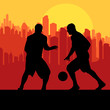 Basketball players in front of city sunset vector background