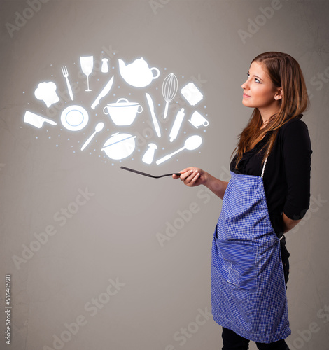 Photo: Young woman with kitchen accessories icons Young woman with kitchen accessories icons