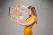Beautiful lady holding notebook with graphs and statistics