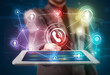 Businessman showing social networking technology with colorful l