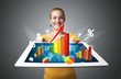 Photo: Young woman holding tablet with colorful graphs and diagrams Young woman holding tablet with colorful graphs and diagrams