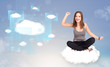 Happy girl looking at modern cloud network