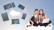 Young girls sitting on cloud enjoying cloud network service