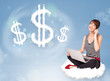 Young woman sitting on cloud next to cloud dollar signs