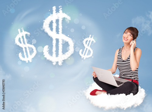 Photo: Young woman sitting on cloud next to cloud dollar signs Young woman sitting on cloud next to cloud dollar signs