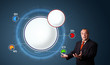 businessman presenting abstract modern pie chart with copy space