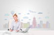 Pretty businesswoman with colorful city sky-scape background