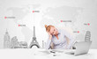 Beautiful businesswoman with world map and major landmarks of th