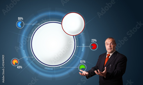 Photo: businessman presenting abstract modern pie chart with copy space businessman presenting abstract modern pie chart with copy space