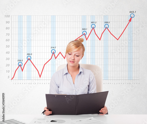 Photo: Young businesswoman calculating stock market with rising graph i Young businesswoman calculating stock market with rising graph i