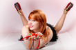happy redhair woman with gummy candy