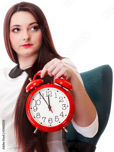 Photo: Woman with red clock. Time management concept. Woman with red clock. Time management concept.