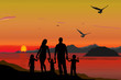 Silhouette, happy children with mother and father, family at sun
