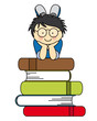 boy with many books. fun illustration of back to school