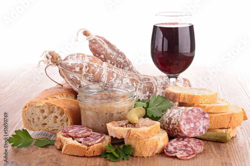 Photo: composition with wine,meat spread and sausages composition with wine,meat spread and sausages