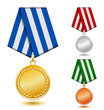 Gold, silver and bronze medals on patterned color ribbon.