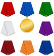 Set of 8 colored patterned ribbons and medal.