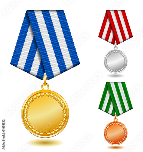 Vector: Gold, silver and bronze medals on patterned color ribbon. Gold, silver and bronze medals on patterned color ribbon.
