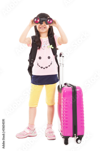 Photo: happy little girl holding telescope and travel suitcase happy little girl holding telescope and travel suitcase