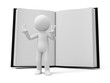 A 3d person making a V gesture back to a book