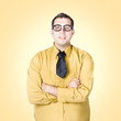 Nice nerd business salesman on yellow background