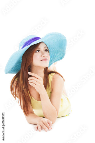 Photo: smiling summer woman lying on the floor smiling summer woman lying on the floor