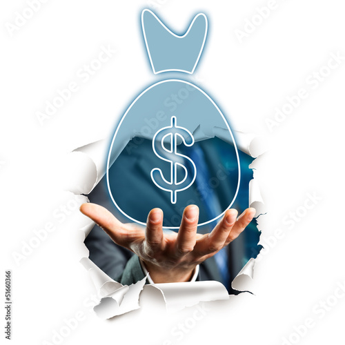 Photo: Hand bietet Sack voll Geld an Hand bietet Sack voll Geld an