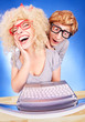 Funny couple is using laptop computer