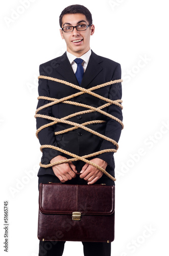 Photo: Businessman tied up with rope on white Businessman tied up with rope on white