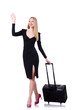 Businesswoman with suitcase on white