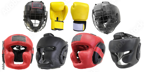 Photo: boxing gloves and helmets isolated under the white background boxing gloves and helmets isolated under the white background