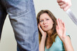 Man with knife coming to his wife. Home violence concept
