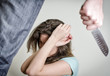 Man with knife coming to his wife. Home violence concept