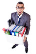 Man being fired with box of personal stuff