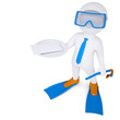 3d man with flippers holds white card on plate
