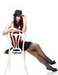 showgirl woman dance in red corset chair white isolated