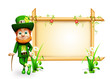 Leprechaun for st patrick day standing near sign and golden pot